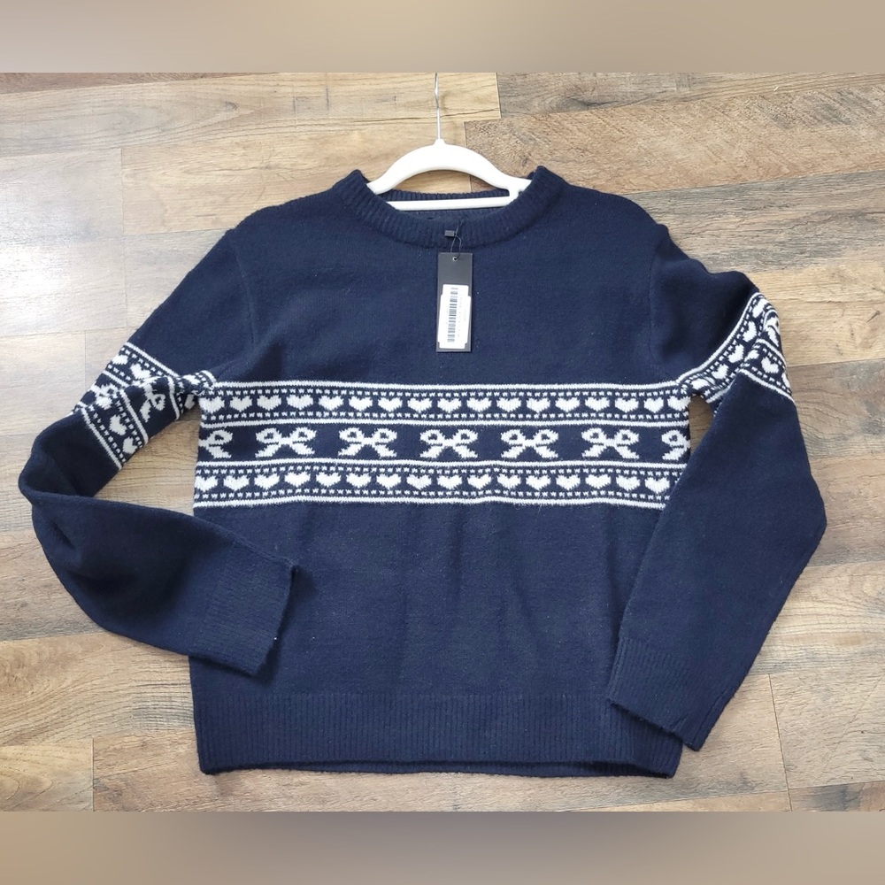 Motel Rocks Knitted Jumper Sweaters In Peacoat With Fairisle Bow Size M, NWT - Picture 2 of 12